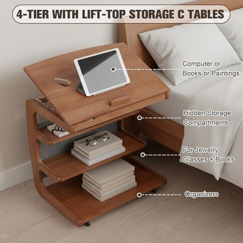Multi-Layer Storage Rolling Side Table, C Shaped Couch End Table with Edge Stopper & Side Pocket, Mobile Wooden Bedside TV Tray Desk - 23.66" W*18.46" D*24.8" H in Kuwait
