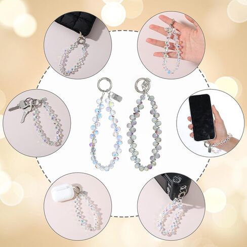 2pcs Crystal Beaded Phone Wrist Strap with Tether Tab Cute Phone Bracelet Strap for Women Blingbling Sparkling Cell Phones Wrist Straps Beaded (Deep Purple + Transparent) in Saudi Arabia