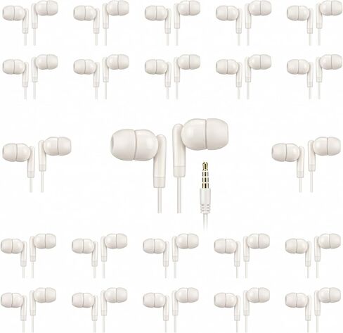 Earbuds Bulk 100 Pack for Classrooms Wired in-Ear Headphones 3.5mm Plug No Microphone for Students, Schools, Libraries, and Computer Labs Individually Bagged - White in Kuwait