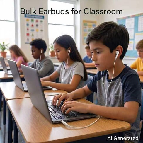Earbuds Bulk 100 Pack for Classrooms Wired in-Ear Headphones 3.5mm Plug No Microphone for Students, Schools, Libraries, and Computer Labs Individually Bagged - White in Kuwait
