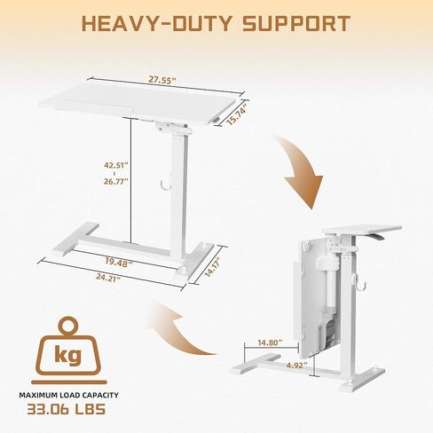 ETHU Foldable Overbed Table with Wheels, Adjustable 26.77-42.51", White in Kuwait