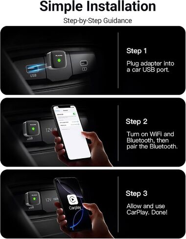 ZUCWO Mini Wireless CarPlay Adapter for Carplay and Android Auto 2-in-1 Mini USB Design for Cars, Plug and Play Converts Wired to Wireless CarPlay for iOS10+ / Android 11+ in Kuwait