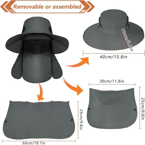 Fishing Hat for Men, UPF 50+ Removable Sun Protection Cap with Face Neck Flap, Hiking & Garden Summer Sun Hat for Women (US, Alpha, One Size, Grey) in Saudi Arabia