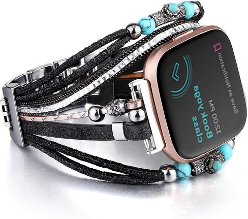سوار جلدي متوافق مع Fitbit Versa 4/Versa 3 Bands/Sense 2/Sense Bands للنساء، سوار معصم بحزام بوهو متعدد الطبقات لساعة Fitbit الذكية (أسود/فضي/ذهبي/وردي) in Kuwait