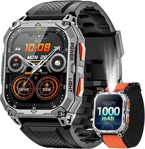 Military Smart Watches for Men, 2.01" HD Smartwatch with 1000 mAh Battery/2 Straps/Answer/Make Call/Led Flashlight/Heart Rate/Sleep Monitor, 100+ Sport Modes Fitness Tracker for Android/iPhone in Kuwait