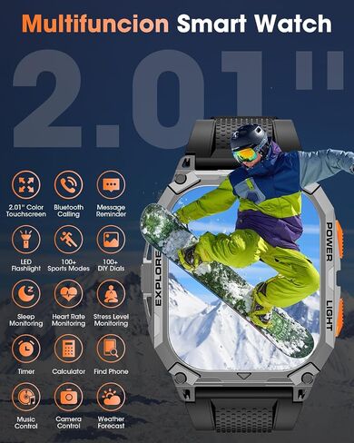 Military Smart Watches for Men, 2.01" HD Smartwatch with 1000 mAh Battery/2 Straps/Answer/Make Call/Led Flashlight/Heart Rate/Sleep Monitor, 100+ Sport Modes Fitness Tracker for Android/iPhone in Kuwait