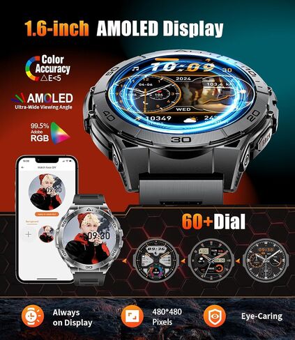 LIGE Smart Watch for Men,1.6" AMOLED Screen /600mAh Battery/5ATM Waterproof Smartwatches (Answer/Dial Calls) Fitness Tracker with Heart Rate/Sleep Tracking/Blood Oxygen for Android/iOS Black in Kuwait