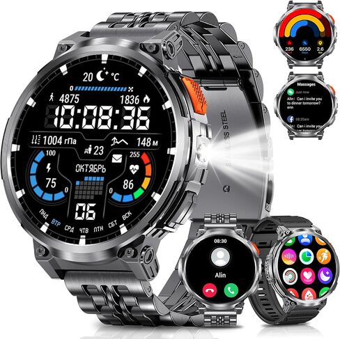 1.85" Big Screen Military Smart Watch for Men with Flashlight, 930mAh Large Battery, IP68 Waterproof, Bluetooth Calling, 114 Sports Modes, Heart Rate/Sleep Monitor for iPhone & Android in Kuwait