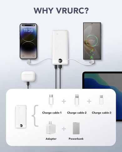 VRURC 3-in-1 Portable Charger, Built-in Cord & Foldable Wall AC Plug-White in Kuwait