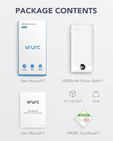 VRURC 3-in-1 Portable Charger, Built-in Cord & Foldable Wall AC Plug-White in Kuwait