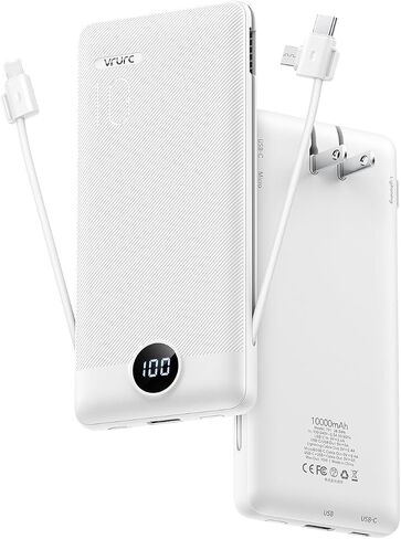 VRURC 3-in-1 Portable Charger, Built-in Cord & Foldable Wall AC Plug-White in Kuwait
