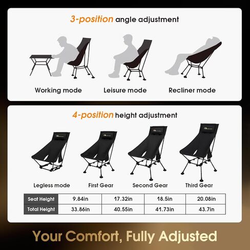 MOON LENCE Portable Camping Chairs for Adults, Adjustable Oversize Beach Chair Lawn Chair with High Back - Large Capacity, Heavy Duty (Black) in Kuwait