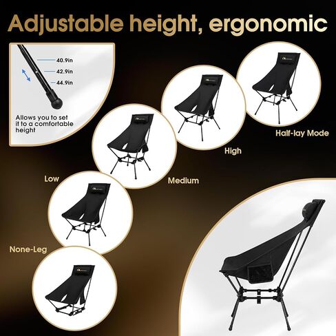 MOON LENCE Portable Camping Chairs for Adults, Adjustable Oversize Beach Chair Lawn Chair with High Back - Large Capacity, Heavy Duty (Black) in Kuwait