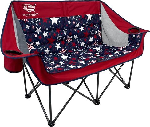 Black Sierra Patriotic Double Camping Chair, Padded Oversized Loveseat, 2 Person Folding Seat, 500 lb Capacity, USA Flag Outdoor Sofa for Beach, Tailgating, RV, Sports, Patio in Kuwait