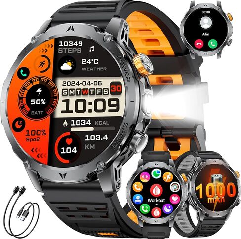 LIGE Military Smart Watches for Men(3 Bands),1000mAh Battery/1.7" HD Large Screen Smartwatch, Flashlight/120+ Sports Modes/Sleep Monitor, 5ATM Waterproof Fitness Tracker Watch for Android iOS,Black in Kuwait