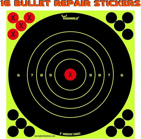 Highwild 8X8 Inch Splatter Adhesive Bullseye Fluorescent Yellow Shooting Target Stickers - Suitable for Handguns, Rifles, BB Guns, Airsoft, Pellet Guns in Kuwait