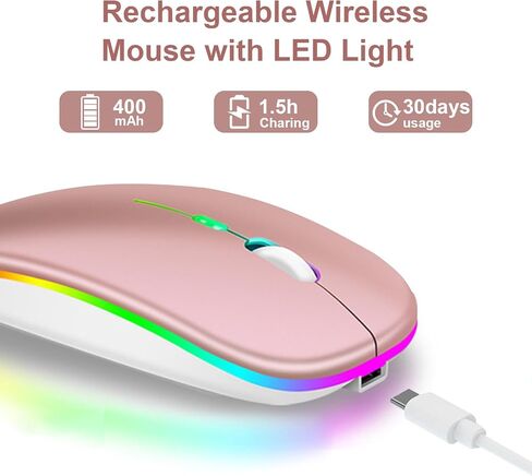 LED Wireless Mouse, Rechargeable Bluetooth Mouse, Slim Portable Computer Mice with USB Receiver, BT5.4 and 2.4G Dual Mode Connection, Quiet Silent for Laptop/Notebook/pc/iPad/Chromebook in Kuwait