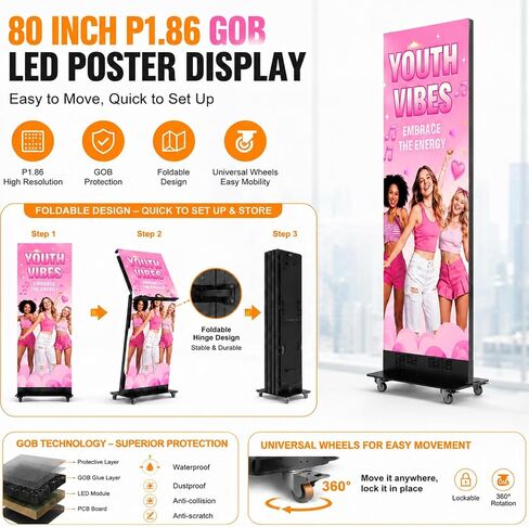80 Inch LED Screen Poster, P1.86 Spliceable Digital Signage Display, GOB LED Poster Display with Flight Case, Commercial Advertising Display for Events, Rentals and Weddings, WiFi/USB/HDMI in Saudi Arabia