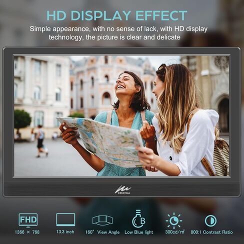 Kenowa Portable Monitor 13.3 Inch HD 1366x768P LED Screen Small HDMI Monitor Built-in Speaker and Adjustable Stand HDMI VGA Port, External Display for Laptop PC Mac Xbox PS4/5 in Kuwait