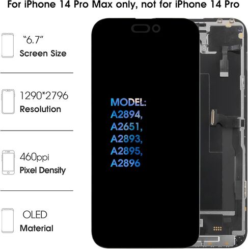 for iPhone 14 Pro Max OLED Screen Replacement with Proximity Sensor Flex Cable 6.7" Display Assembly Touch Digitizer Repair Kit A2894 A2651 A2893 A2895 A2896 (Hard OLED, Same Notch Size) in Kuwait