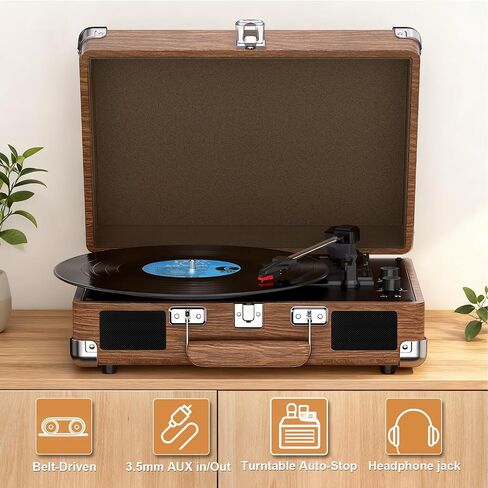 Record Player with Built-in Speakers, Vintage Bluetooth Turntable 3 Speed Suitcase Vinyl Record Player with Bluetooth Input, Bass & Treble Control, Auto Stop, AUX in, RCA Out, Headphone Jack Rosewood in Kuwait