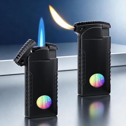 Cool Dual Flame Lighter, Refillable Butane Torch Lighter, Creative Jet/Soft Flame Gas Lighters with Visible Fuel Window & LED Light, Unique Gift for Men Dad Husband (Gas Not Included) in Saudi Arabia