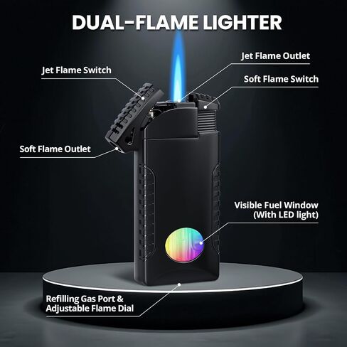Cool Dual Flame Lighter, Refillable Butane Torch Lighter, Creative Jet/Soft Flame Gas Lighters with Visible Fuel Window & LED Light, Unique Gift for Men Dad Husband (Gas Not Included) in Saudi Arabia