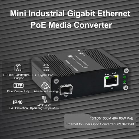E-link Industrial Gigabit 60W PoE Media Converter Hardened Ultra PoE++ Ethernet Fiber Media Converter 100/1000Base-SX SFP Din Rail Mount Aluminum Housing -40 75 C in Kuwait