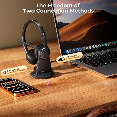 Wireless Headset with Mic for Work, Bluetooth 6.0 Headset with Microphone for PC, 65H AI Noise Cancelling Mic, 60ft Range, USB Dongle & Charging Base, On-Ear Headphones for Teams Zoom Call Center in Saudi Arabia