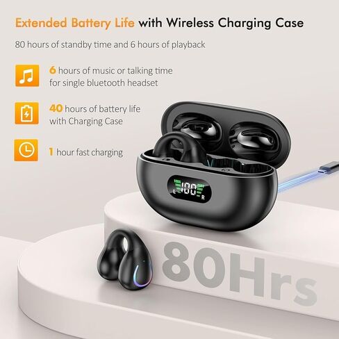 Comfort Clip On Earbuds, Bluetooth 6.1 Open Ear Bone Conduction Headphones, with Digital Display Charging Case Sport Earphones Built-in Mic Waterproof for Running Fitness Exercise, Inky Black in Kuwait