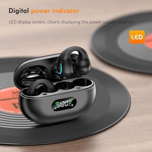 Comfort Clip On Earbuds, Bluetooth 6.1 Open Ear Bone Conduction Headphones, with Digital Display Charging Case Sport Earphones Built-in Mic Waterproof for Running Fitness Exercise, Inky Black in Kuwait