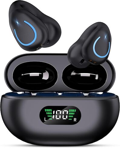 Comfort Clip On Earbuds, Bluetooth 6.1 Open Ear Bone Conduction Headphones, with Digital Display Charging Case Sport Earphones Built-in Mic Waterproof for Running Fitness Exercise, Inky Black in Kuwait