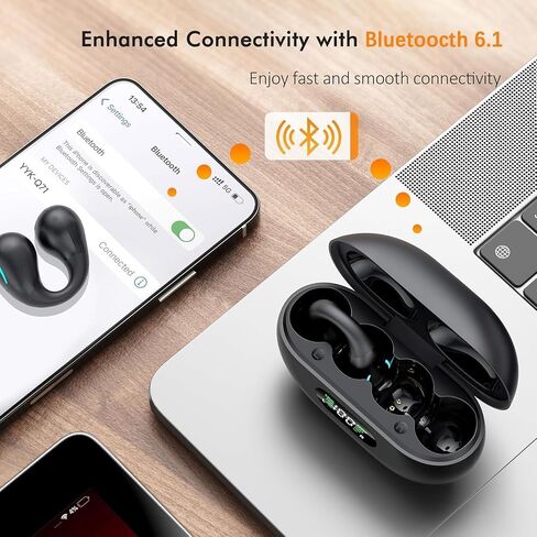 Comfort Clip On Earbuds, Bluetooth 6.1 Open Ear Bone Conduction Headphones, with Digital Display Charging Case Sport Earphones Built-in Mic Waterproof for Running Fitness Exercise, Inky Black in Kuwait