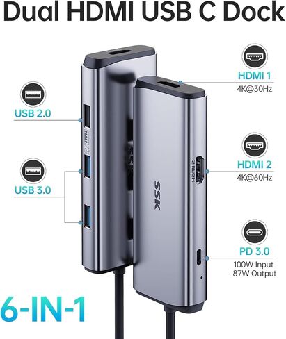 SSK 6 in 1 USB C Hub Dual Monitor,Universal USB C Dock in Kuwait