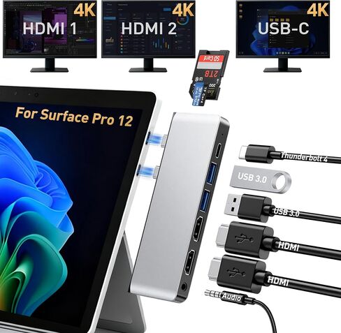Surface Pro 9/10/11/X Docking Station, Quad Display Surface pro 11 USB Hub with Dual 4K@60Hz HDMI, USB-C (4K@60Hz Video+40Gbps Data+100W Charge), 2 USB3.0, SD/TF, 3.5mm Mic for Surface Pro 11/10/9/X in Kuwait
