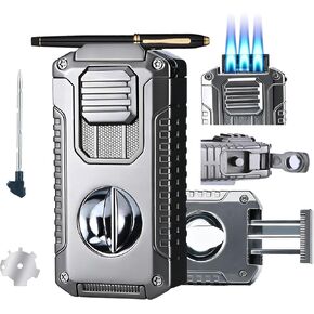 5 in 1 Butane Torch Lighter with V-Shaped Cutter, Punch & Built-in Holder | 3 Jet Flame Windproof Torch for Men in Kuwait
