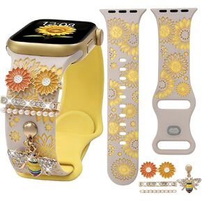 Sunflower Silicone Band With Charms Compatible with Apple Watch 38-49mm Women,Floral Engraved Wristband for iWatch Series 11-1 Ultra SE 3-1 in Kuwait