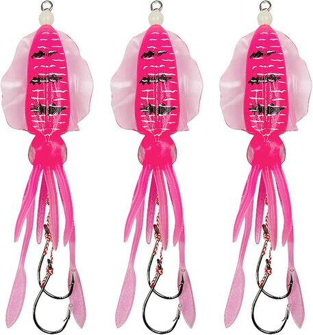 Squid Jigs Hooks Luminous Fishing Lure Octopus Trolling Artificial Rigged Bait - Soft Rubber Material, Assist Hooks, Squid Lure in Kuwait