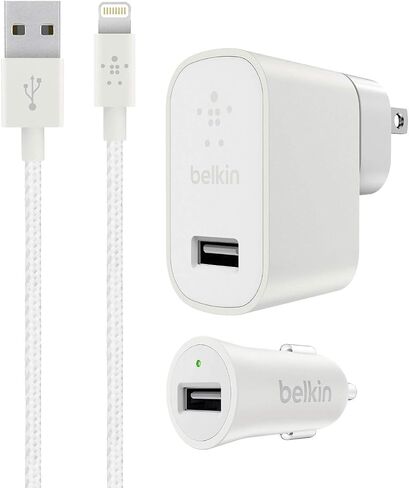 Belkin MIXIT Metallic Charger Kit, Including Wall Charger, Car Charger and 4' Lightning Cable, White (2.4 Amp) in Kuwait