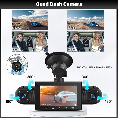 UNITOPSCI 4 Channel 360° Dash Cam Front Rear Inside Left Right, 3 Inch IPS Screen, 8 IR Night Vision, Loop Recording, G-Sensor, Parking Assistance, 24H Parking Monitor in Kuwait