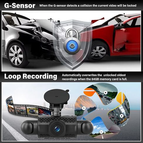 UNITOPSCI 4 Channel 360° Dash Cam Front Rear Inside Left Right, 3 Inch IPS Screen, 8 IR Night Vision, Loop Recording, G-Sensor, Parking Assistance, 24H Parking Monitor in Kuwait