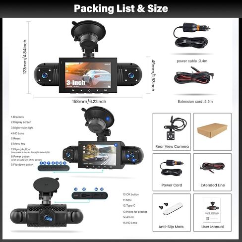 UNITOPSCI 4 Channel 360° Dash Cam Front Rear Inside Left Right, 3 Inch IPS Screen, 8 IR Night Vision, Loop Recording, G-Sensor, Parking Assistance, 24H Parking Monitor in Kuwait