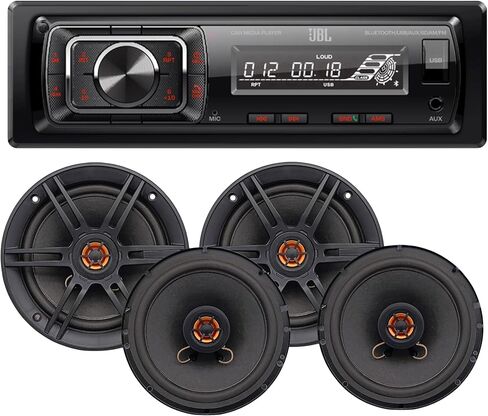 JBL Celebrity150 Single DIN Bluetooth Car Stereo Receiver w/USB/AUX/SD, Sub Output + 4X Audiobank 6.5" Coaxial Speakers (1100W Max Combined Power) - Car Audio Upgrade Package in Kuwait