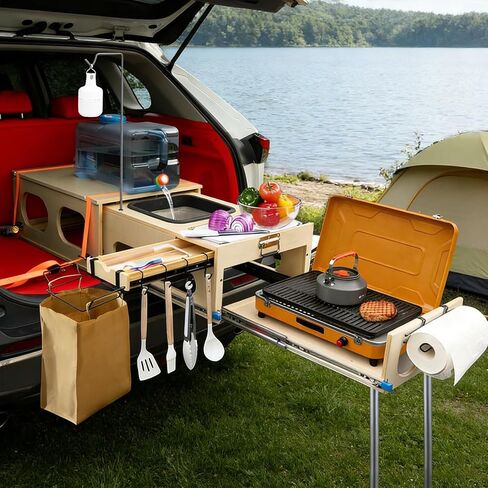 Slide-Out Overland Kitchen Box, Foldable Outdoor Cooking Gear for SUV Car Camping Overlanding in Kuwait