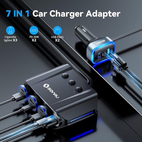7 in 1 Cigarette Lighter Splitter,SONRU 180W (Max 192W) Car Charger Adapter in Saudi Arabia