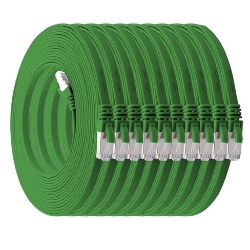 1aTTack.de 10m - Green - 10 Pieces CAT.7 Ethernet Gigabit LAN Cable (HIGH Speed Flat Networkcable) 600 MHz, 10000 Mbit/s, Slim, patchkabel (compatibel with CAT5 CAT5e CAT6 CAT6a Cat8) Ribbon in Kuwait