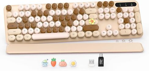 Wireless Keyboard, Round Keycaps, Retro Typewriter Keyboard with Detachable Wrist Rest, Sleep Mode, Foldable Legs, 2.4GHz Full-Size Cordless Computer Keyboard for Windows/PC/Laptop (Latte) in Kuwait