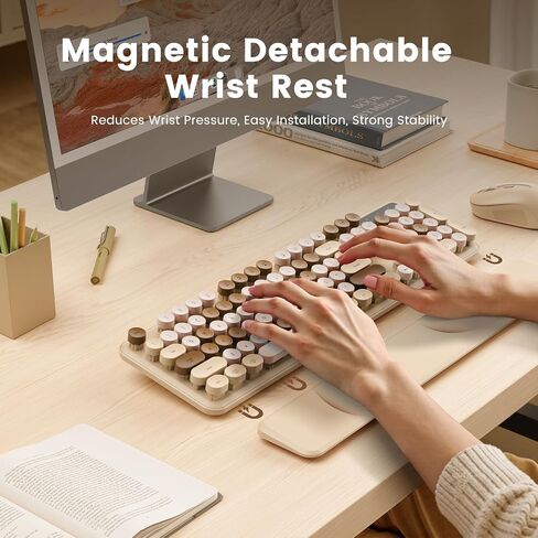 Wireless Keyboard, Round Keycaps, Retro Typewriter Keyboard with Detachable Wrist Rest, Sleep Mode, Foldable Legs, 2.4GHz Full-Size Cordless Computer Keyboard for Windows/PC/Laptop (Latte) in Kuwait