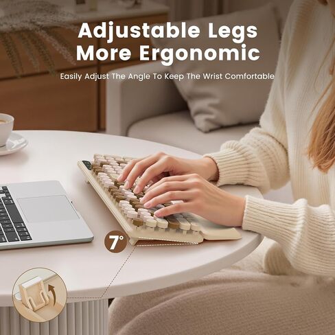 Wireless Keyboard, Round Keycaps, Retro Typewriter Keyboard with Detachable Wrist Rest, Sleep Mode, Foldable Legs, 2.4GHz Full-Size Cordless Computer Keyboard for Windows/PC/Laptop (Latte) in Kuwait