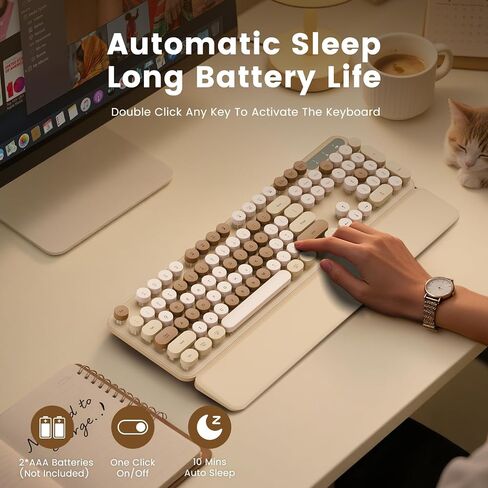 Wireless Keyboard, Round Keycaps, Retro Typewriter Keyboard with Detachable Wrist Rest, Sleep Mode, Foldable Legs, 2.4GHz Full-Size Cordless Computer Keyboard for Windows/PC/Laptop (Latte) in Kuwait